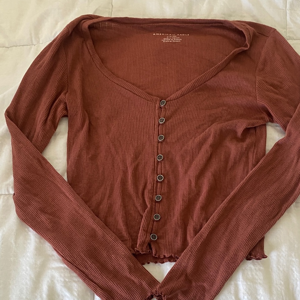 American Eagle Outfitters Rust Button-Front Ribbed Long Sleeve Top